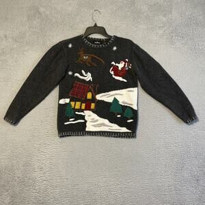 Vintage Ugly Christmas Sweater Grey Knit Ramie Cotton Blend Size Small Crew Neck